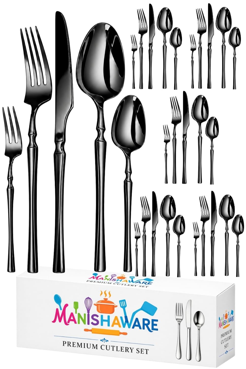 Manishaware Elegant Handle 30 Pcs Stainless Steel Cutlery Set for Dining Table, Dishwasher Safe Glossy Flatware (6 spoon set+6 forks set+6 Butter knife+6 Dessert Spoon+ 6 Fruit Fork)