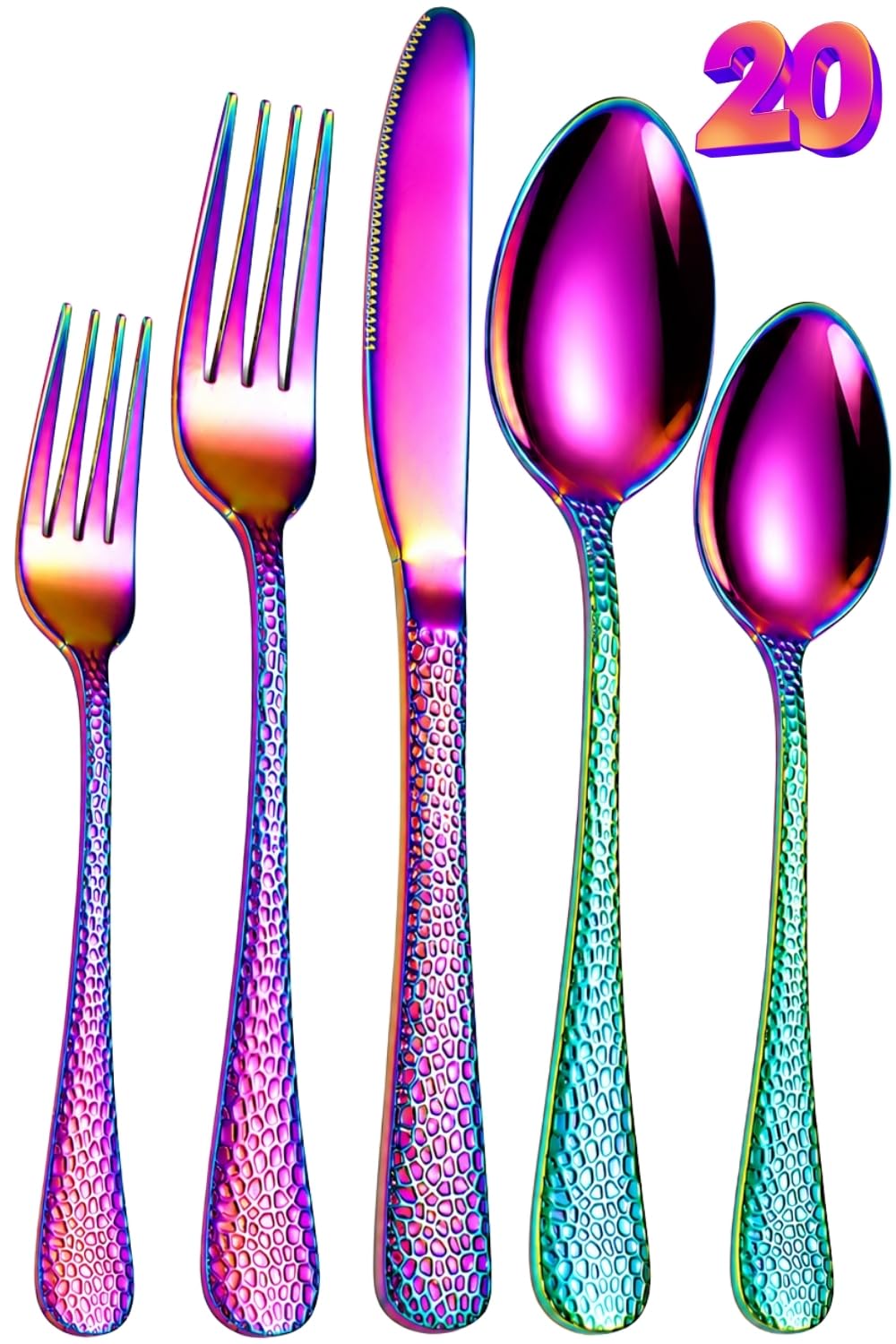Manishaware Hammered Rainbow 20 Pcs Stainless Steel Cutlery Set for Dining Table, Dishwasher Safe Glossy Flatware (4 spoon set+4 forks set+4 Butter knife+4 Dessert Spoon+ 4 Fruit Fork)