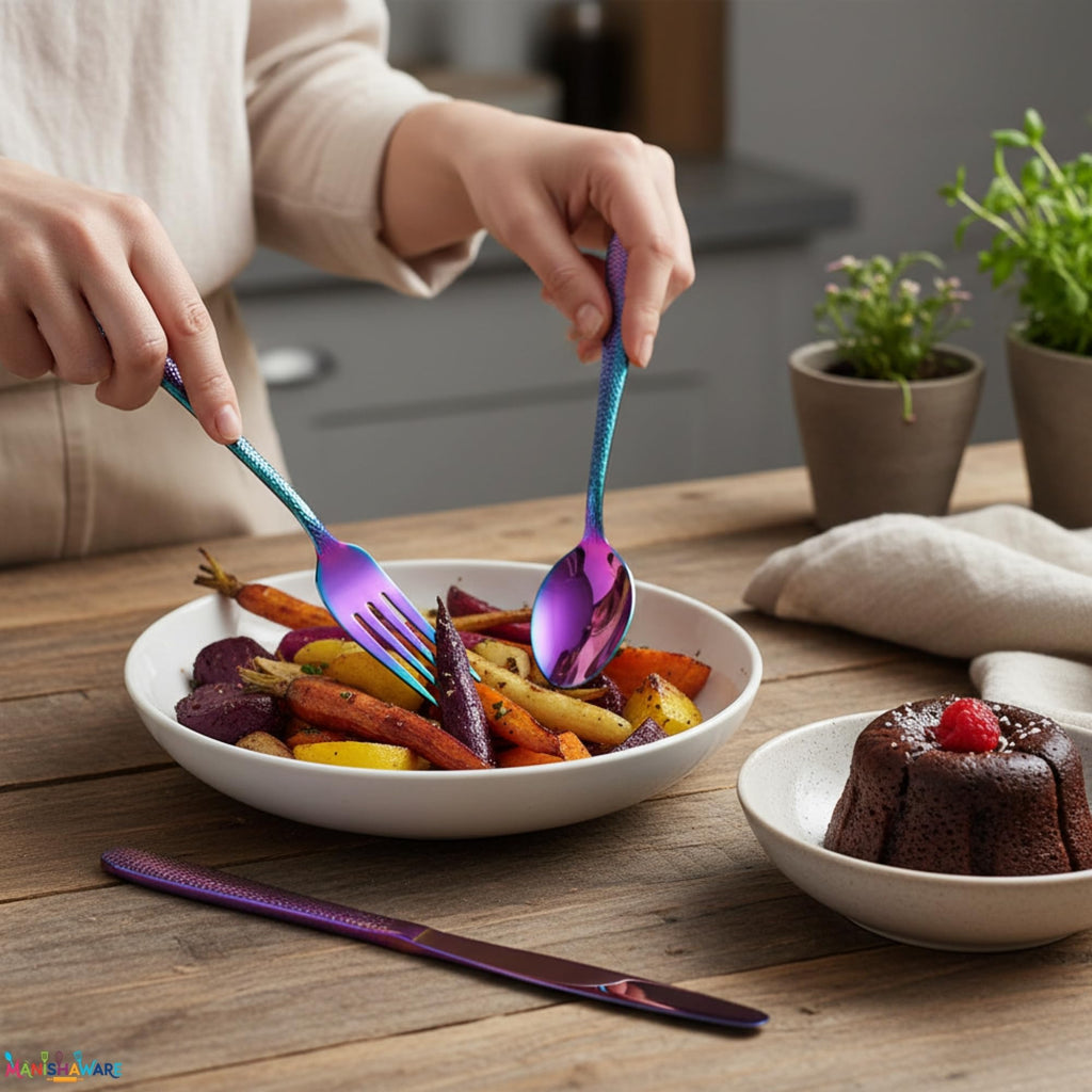 Manishaware Hammered Rainbow 20 Pcs Stainless Steel Cutlery Set for Dining Table, Dishwasher Safe Glossy Flatware (4 spoon set+4 forks set+4 Butter knife+4 Dessert Spoon+ 4 Fruit Fork)