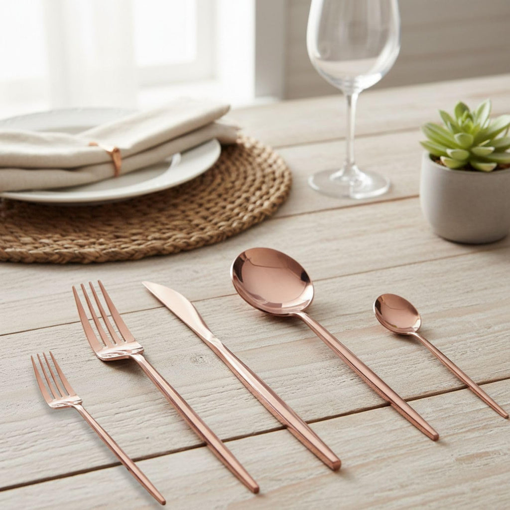 Manishaware Slim Handle Rose Gold 20 Pcs Stainless Steel Cutlery Set for Dining Table, Dishwasher Safe Glossy Flatware (4 spoon set+4 forks set+4 Butter knife+4 Dessert Spoon+ 4 Fruit Fork)