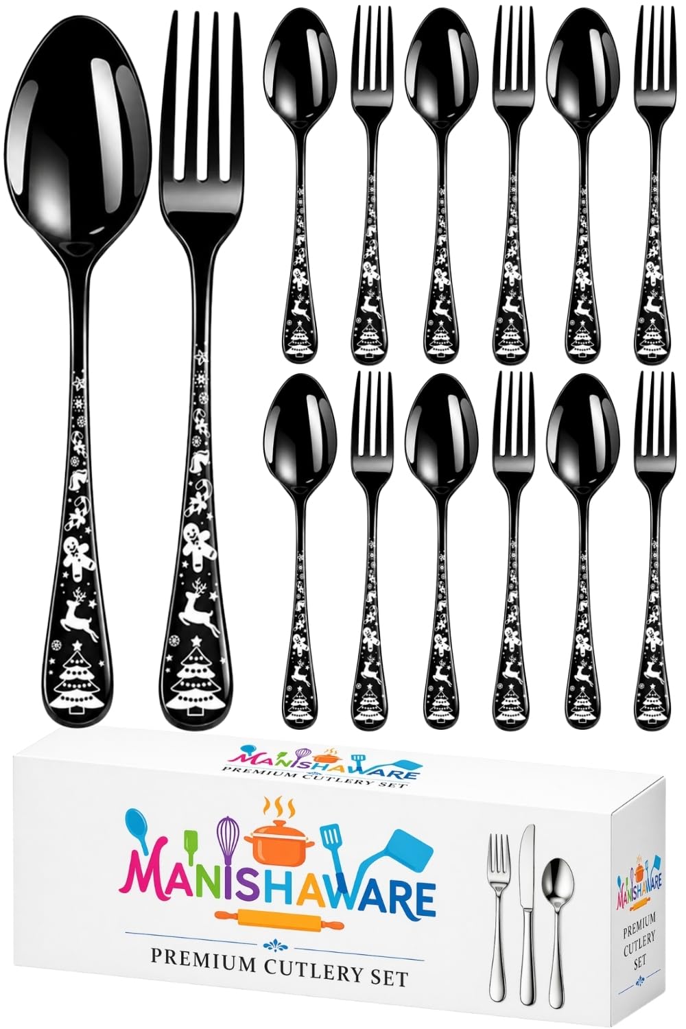 Manishaware Christmas 12 Pcs Stainless Steel Cutlery Set for Dining Table, Dishwasher Safe Glossy Flatware (6 Forks & 6 Spoons)