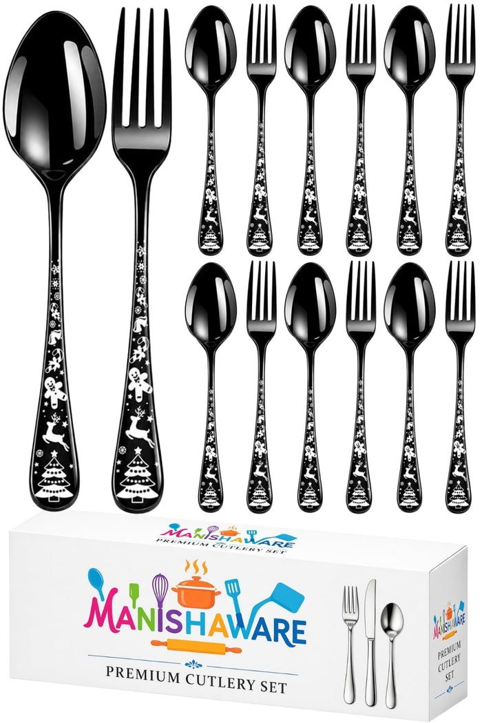 Black Fork & Spoon Set Festive Design