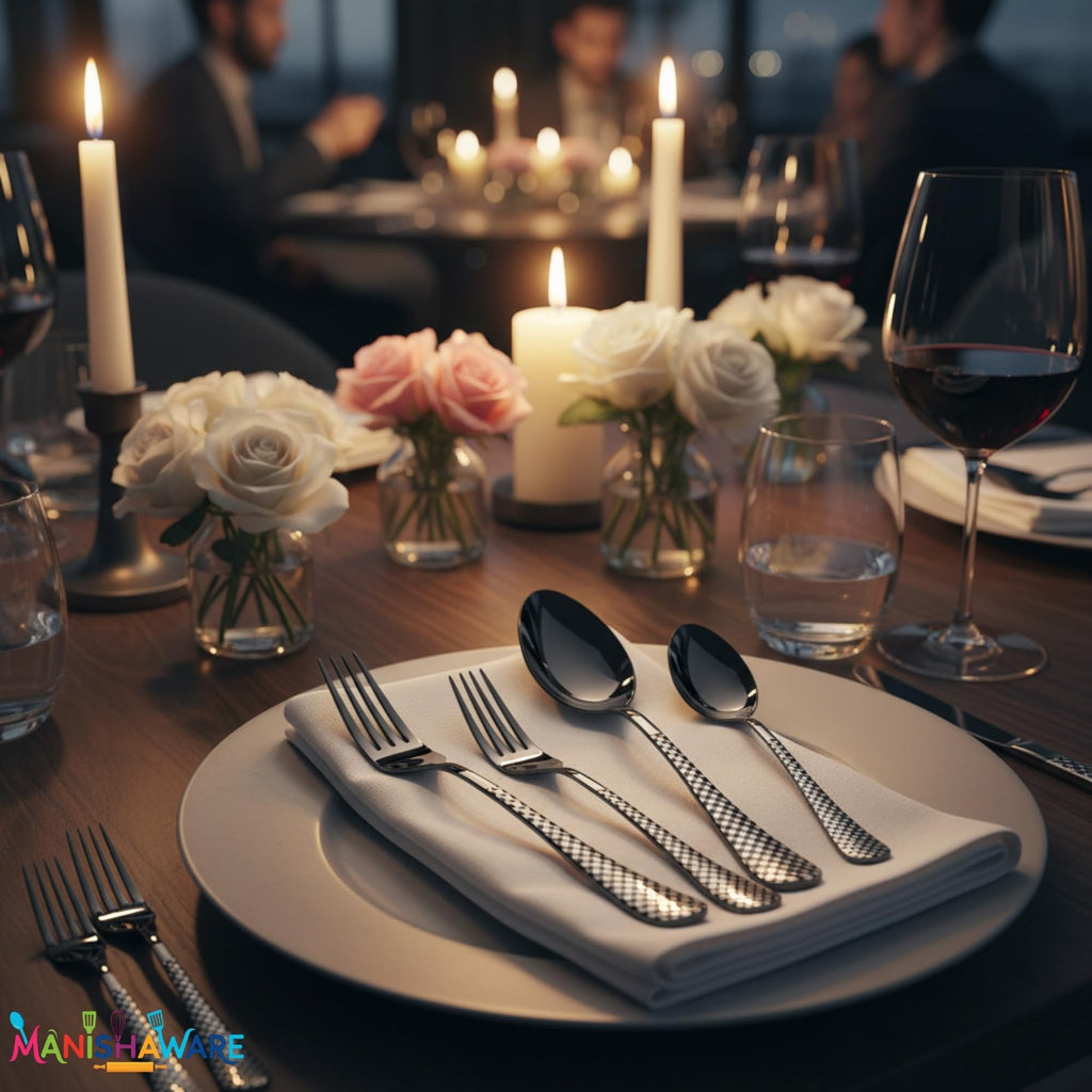 Manishaware Checkered Black 20 Pcs Stainless Steel Cutlery Set for Dining Table, Dishwasher Safe Glossy Flatware (4 spoon set+4 forks set+4 Butter knife+4 Dessert Spoon+ 4 Fruit Fork)