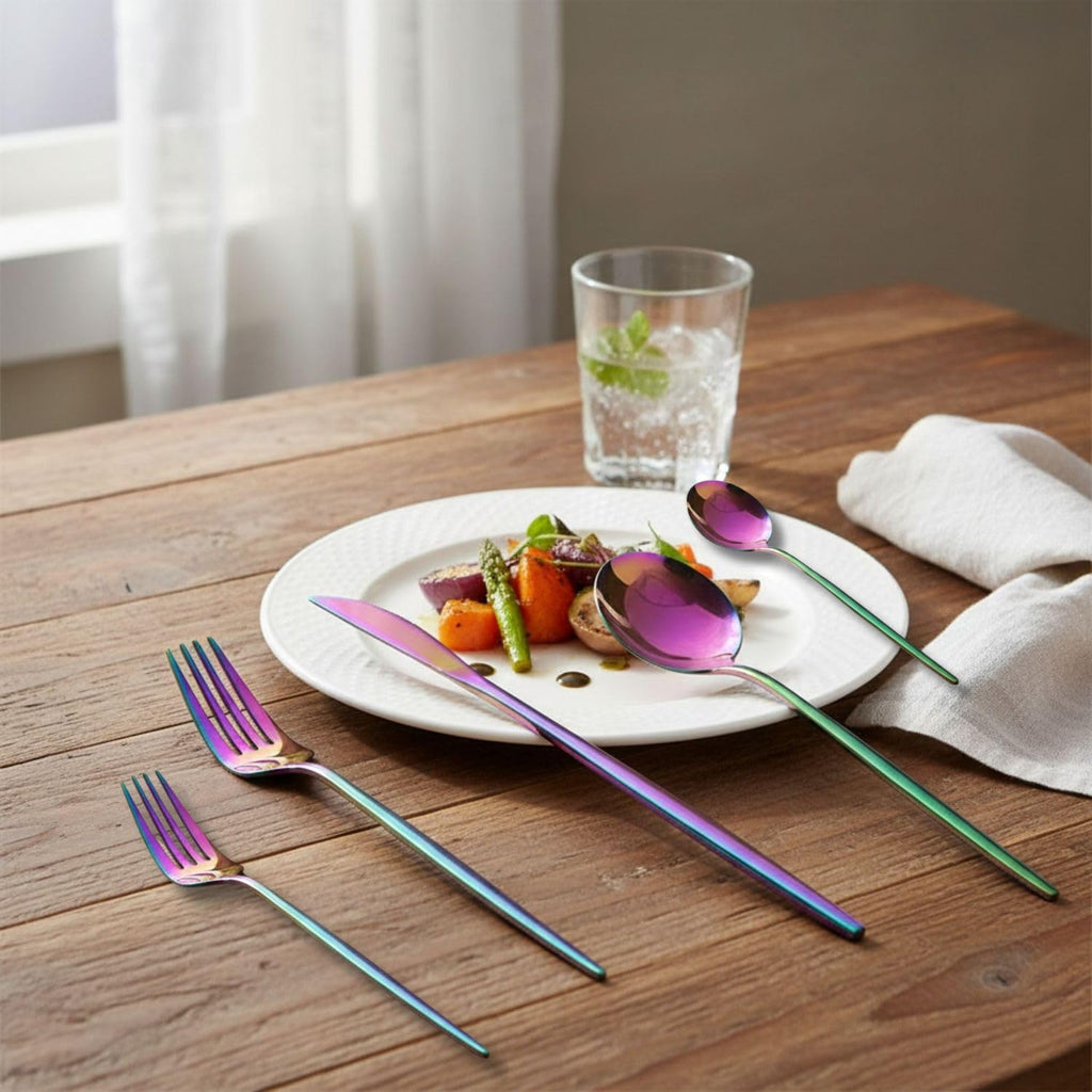 Manishaware Slim Handle Rainbow 10 Pcs Stainless Steel Cutlery Set for Dining Table, Dishwasher Safe Glossy Flatware (2 spoon set+2 forks set+2 Butter knife+2 Dessert Spoon+ 2 Fruit Fork)