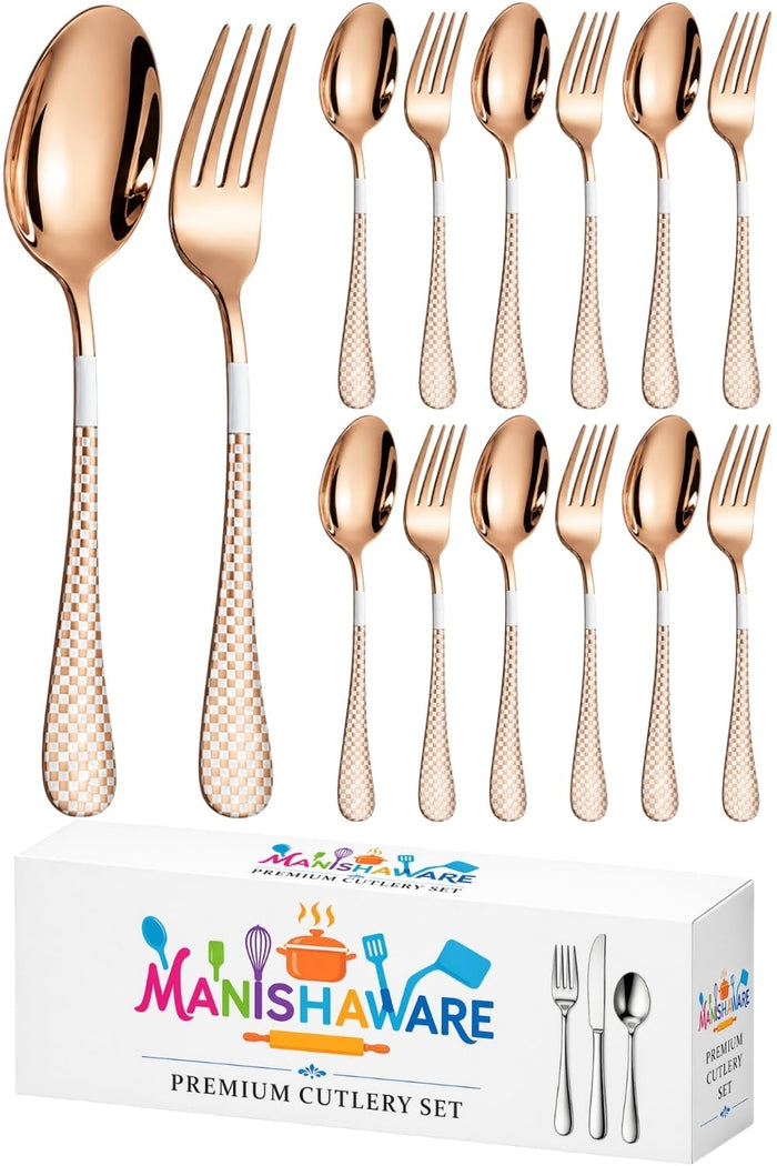 Rosegold Fork & Spoon Set Checker Design