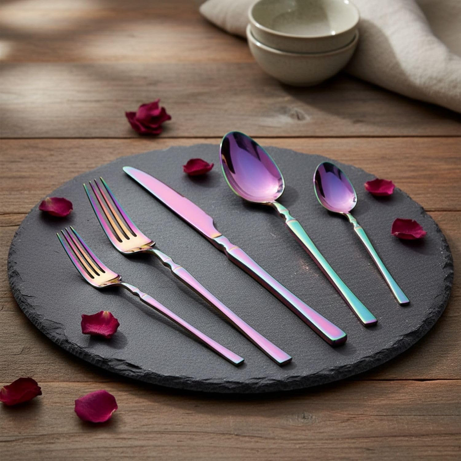 Manishaware Elegant Handle Rainbow 30 Pcs Stainless Steel Cutlery Set for Dining Table, Dishwasher Safe Glossy Flatware (6 spoon set+6 forks set+6 Butter knife+6 Dessert Spoon+ 6 Fruit Fork)