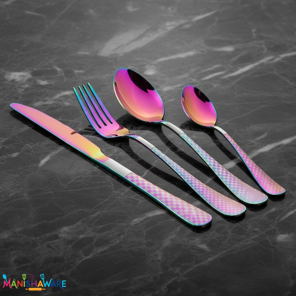 Manishaware Checkered Rainbow 15 Pcs Stainless Steel Cutlery Set for Dining Table, Dishwasher Safe Glossy Flatware (3 spoon set+3 forks set+3 Butter knife+3 Dessert Spoon+ 3 Fruit Fork)