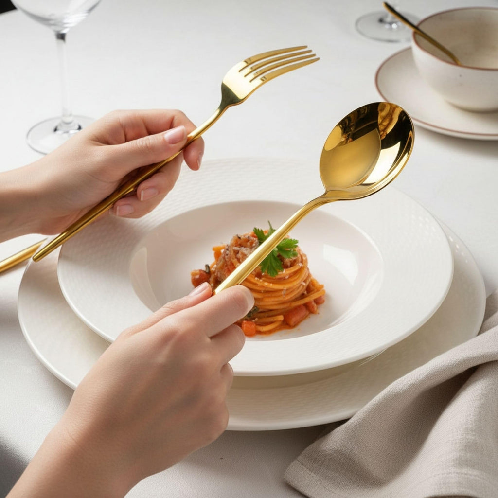 Manishaware Slim Handle Gold 15 Pcs Stainless Steel Cutlery Set for Dining Table, Dishwasher Safe Glossy Flatware (3 spoon set+3 forks set+3 Butter knife+3 Dessert Spoon+ 3 Fruit Fork)