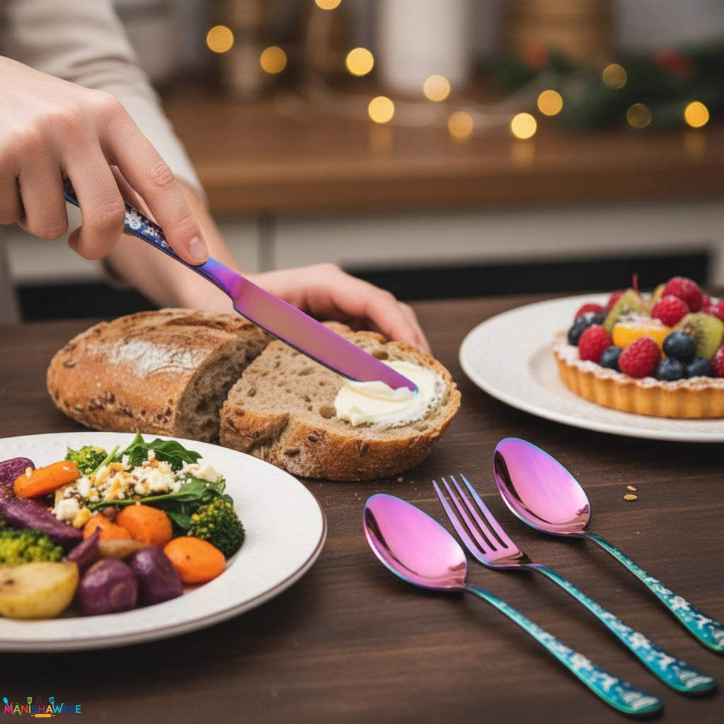 Manishaware Christmas Rainbow 10 Pcs Stainless Steel Cutlery Set for Dining Table, Dishwasher Safe Glossy Flatware (2 spoon set+2 forks set+2 Butter knife+2 Dessert Spoon+ 2 Fruit Fork)