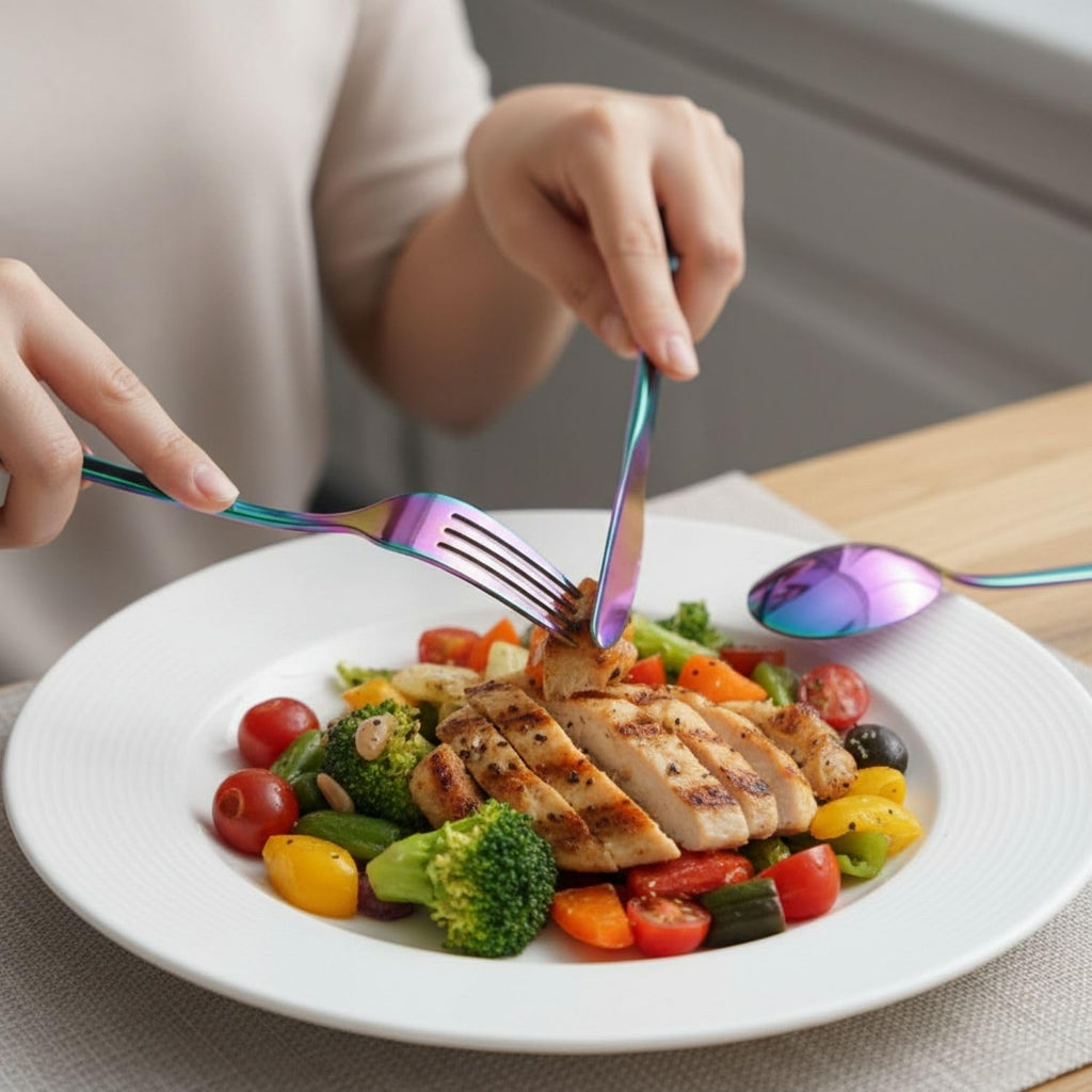 Manishaware Mirror Polished Rainbow 8 Pcs Stainless Steel Cutlery Set for Dining Table, Dishwasher Safe Glossy Flatware (2 spoon set + 2 forks set + 2 Butter knife + 2 Dessert Spoon)