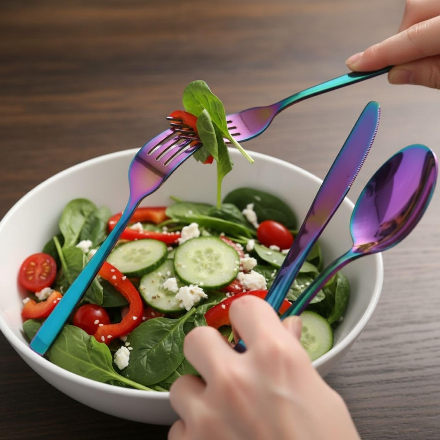 Manishaware Mirror Polished Rainbow 16 Pcs Stainless Steel Cutlery Set for Dining Table, Dishwasher Safe Glossy Flatware (4 spoon set + 4 forks set + 4 Butter knife + 4 Dessert Spoon)