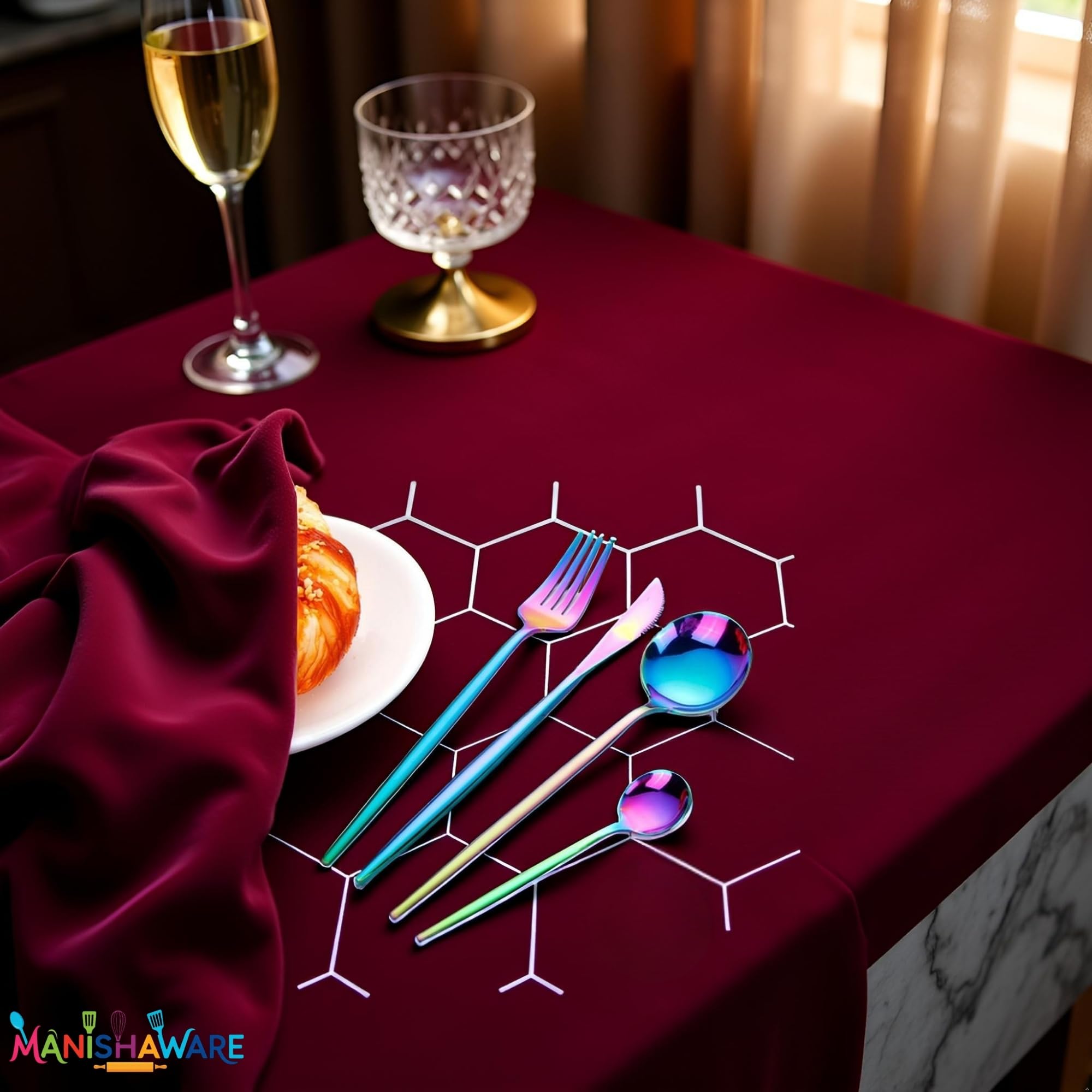 Manishaware Slim Handle Rainbow 24 Pcs Stainless Steel Cutlery Set for Dining Table, Dishwasher Safe Glossy Flatware (6 spoon set+6 forks set+6 Butter knife+6 Dessert Spoon)