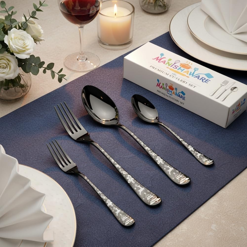 Black Festive Indian cutlery set, rust resistant stainless steel, a perfect wedding, housewarming, corporate and festival gift