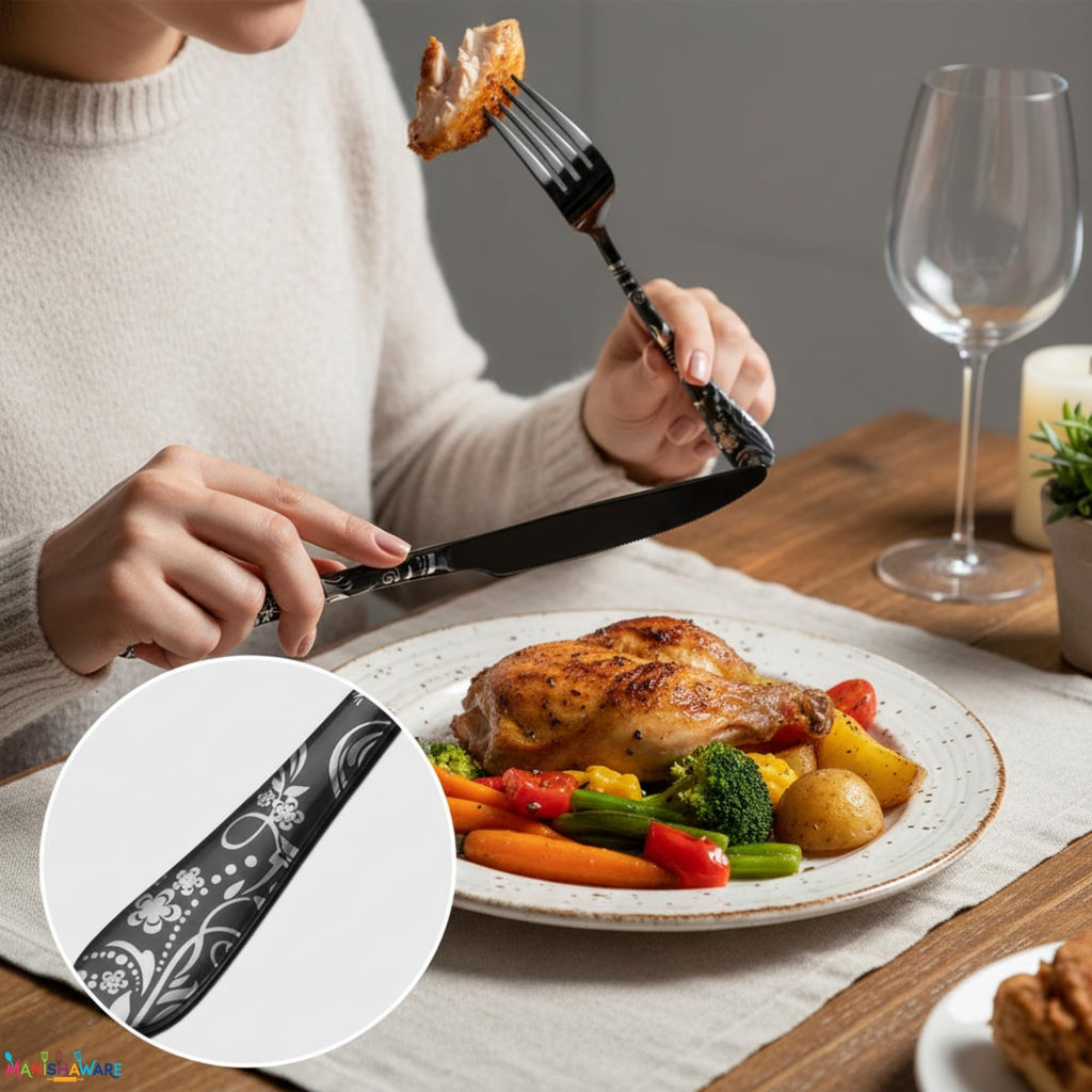 Manishaware Floral Black 20 Pcs Stainless Steel Cutlery Set for Dining Table, Dishwasher Safe Glossy Flatware (4 spoon set+4 forks set+4 Butter knife+4 Dessert Spoon+ 4 FruitFork)