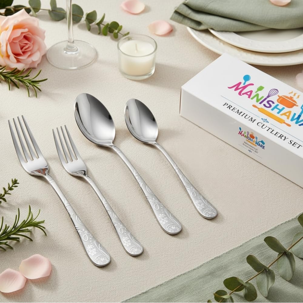 Silver Floral Indian cutlery set, rust resistant stainless steel, a perfect wedding, housewarming, corporate and festival gift