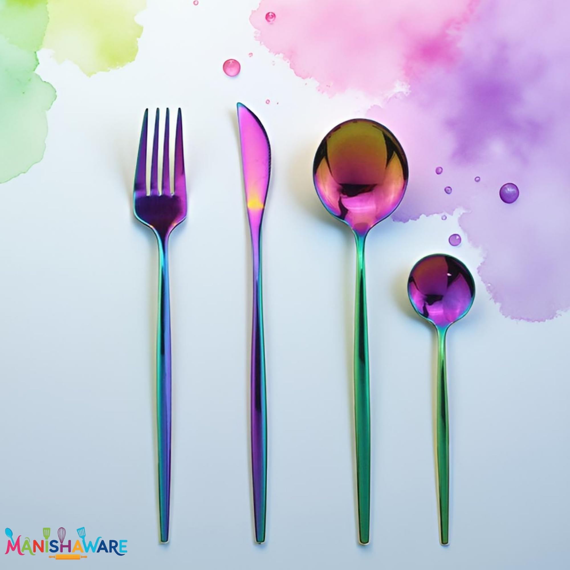 Manishaware Slim Handle Rainbow 20 Pcs Stainless Steel Cutlery Set for Dining Table, Dishwasher Safe Glossy Flatware (5 spoon set + 5 forks set + 5 Butter knife + 5 Dessert Spoon)