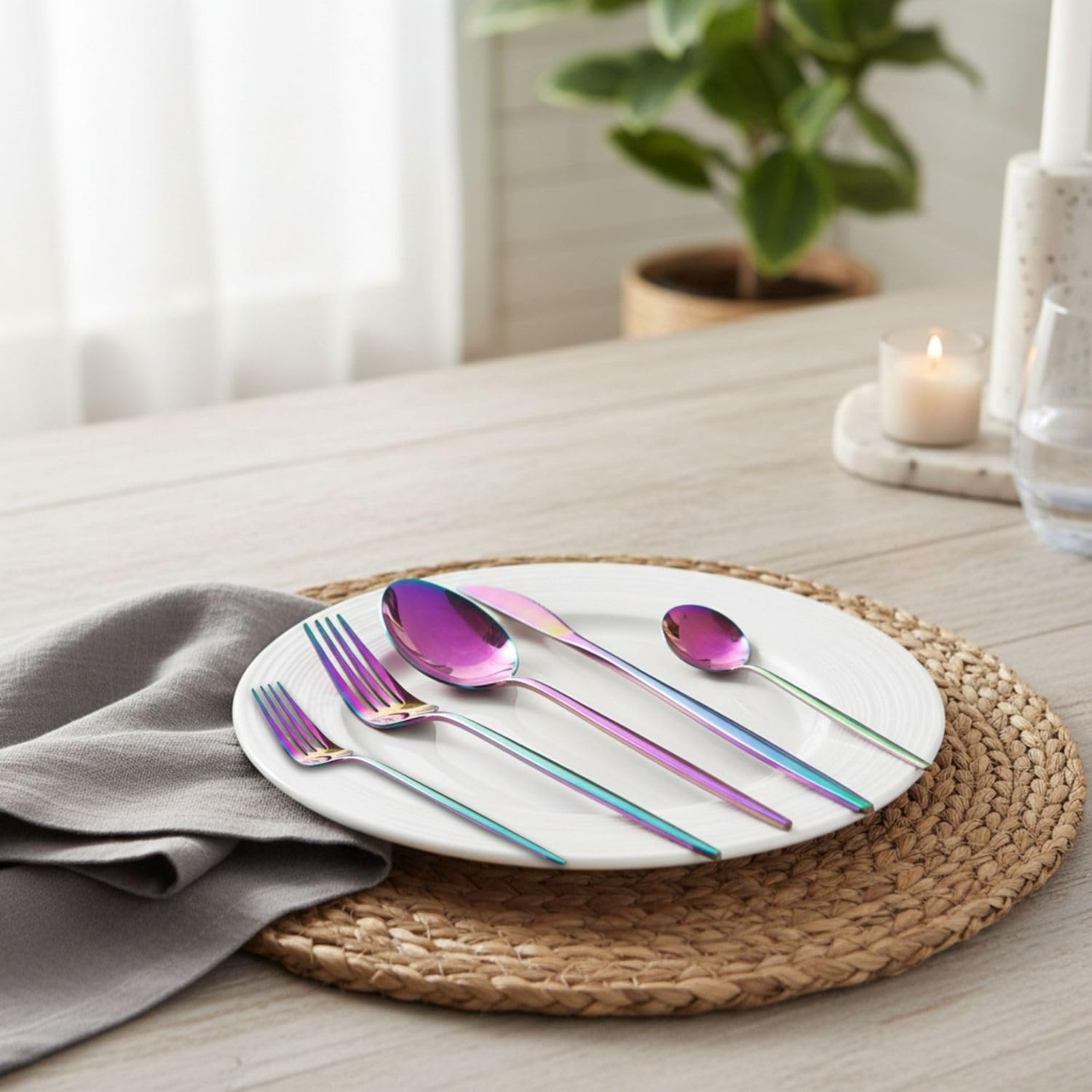 Manishaware Slim Handle Rainbow 20 Pcs Stainless Steel Cutlery Set for Dining Table, Dishwasher Safe Glossy Flatware (4 spoon set+4 forks set+4 Butter knife+4 Dessert Spoon+ 4 Fruit Fork)