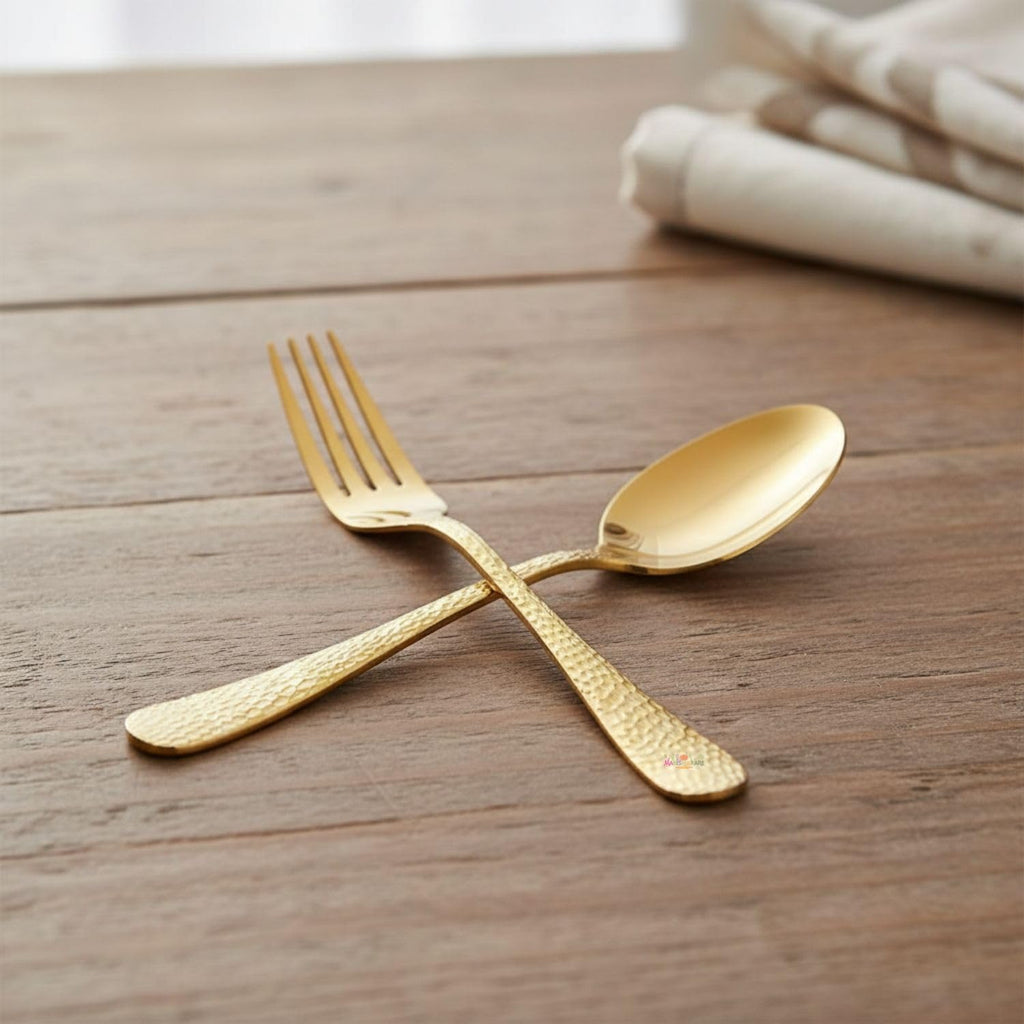 Gold Hammer spoon and fork set, rust resistant stainless steel, a perfect wedding, housewarming, corporate and festival gift