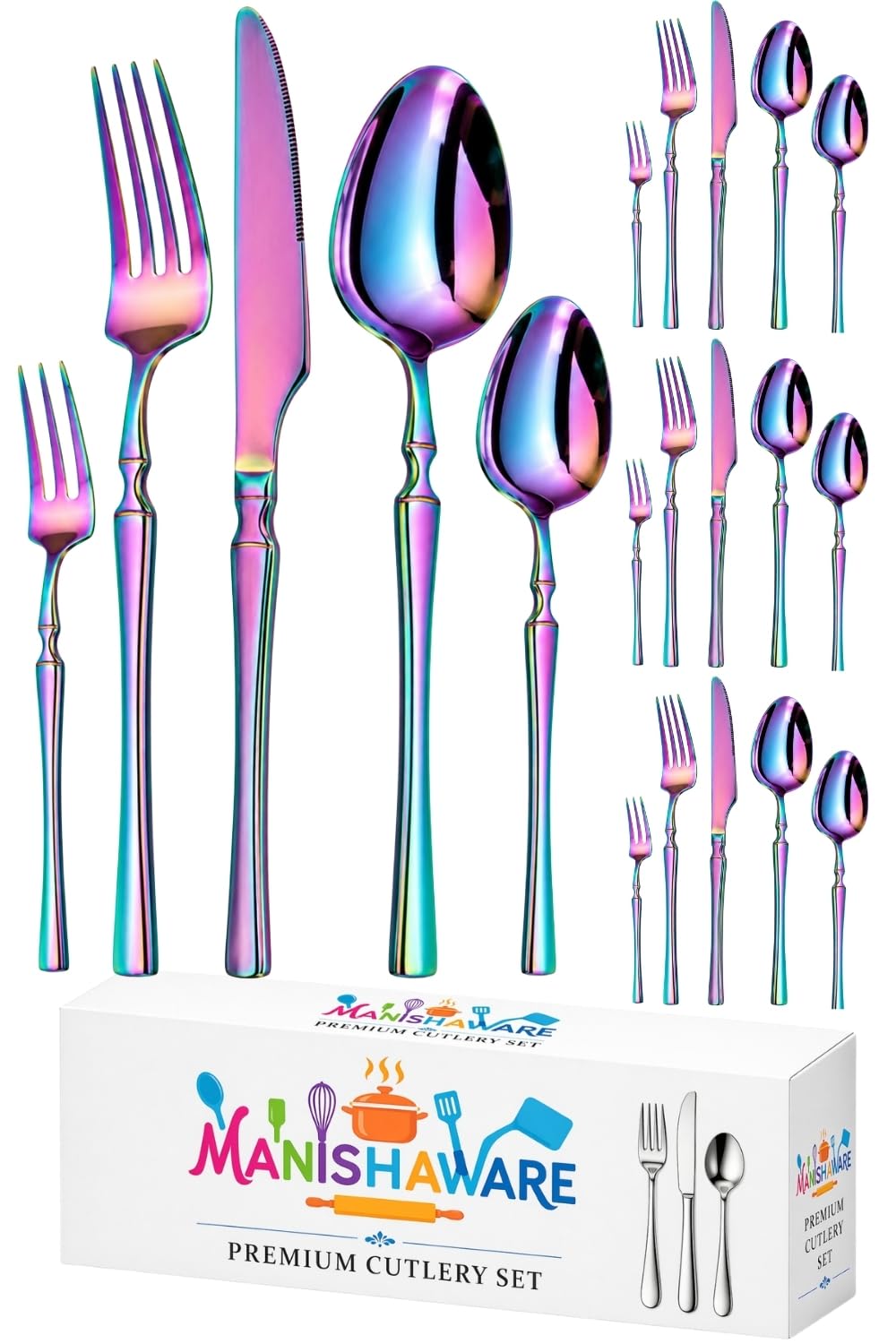 Manishaware Elegant Handle Rainbow 20 Pcs Stainless Steel Cutlery Set for Dining Table, Dishwasher Safe Glossy Flatware (4 spoon set+4 forks set+4 Butter knife+4 Dessert Spoon+ 4 Fruit Fork)