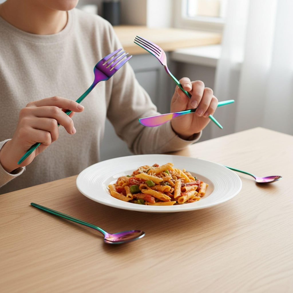 Manishaware Slim Handle Rainbow 15 Pcs Stainless Steel Cutlery Set for Dining Table, Dishwasher Safe Glossy Flatware (3 spoon set+3 forks set+3 Butter knife+3 Dessert Spoon+ 3 Fruit Fork)