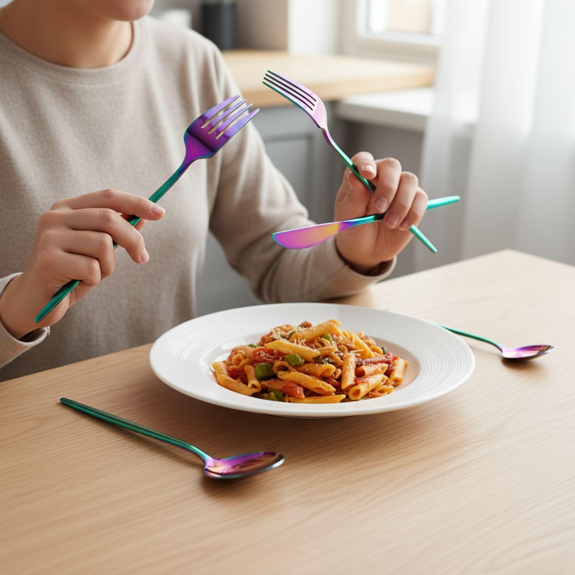 Manishaware Slim Handle Rainbow 15 Pcs Stainless Steel Cutlery Set for Dining Table, Dishwasher Safe Glossy Flatware (3 spoon set+3 forks set+3 Butter knife+3 Dessert Spoon+ 3 Fruit Fork)