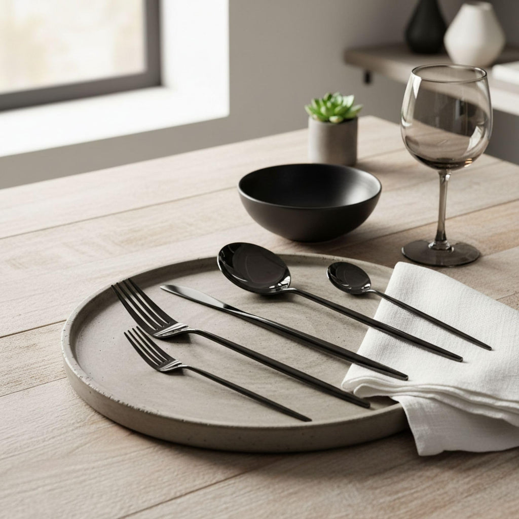 Manishaware Slim Handle Black 25 Pcs Stainless Steel Cutlery Set for Dining Table, Dishwasher Safe Glossy Flatware (5 spoon set+5 forks set+5 Butter knife+5 Dessert Spoon+5 Fruit Fork)