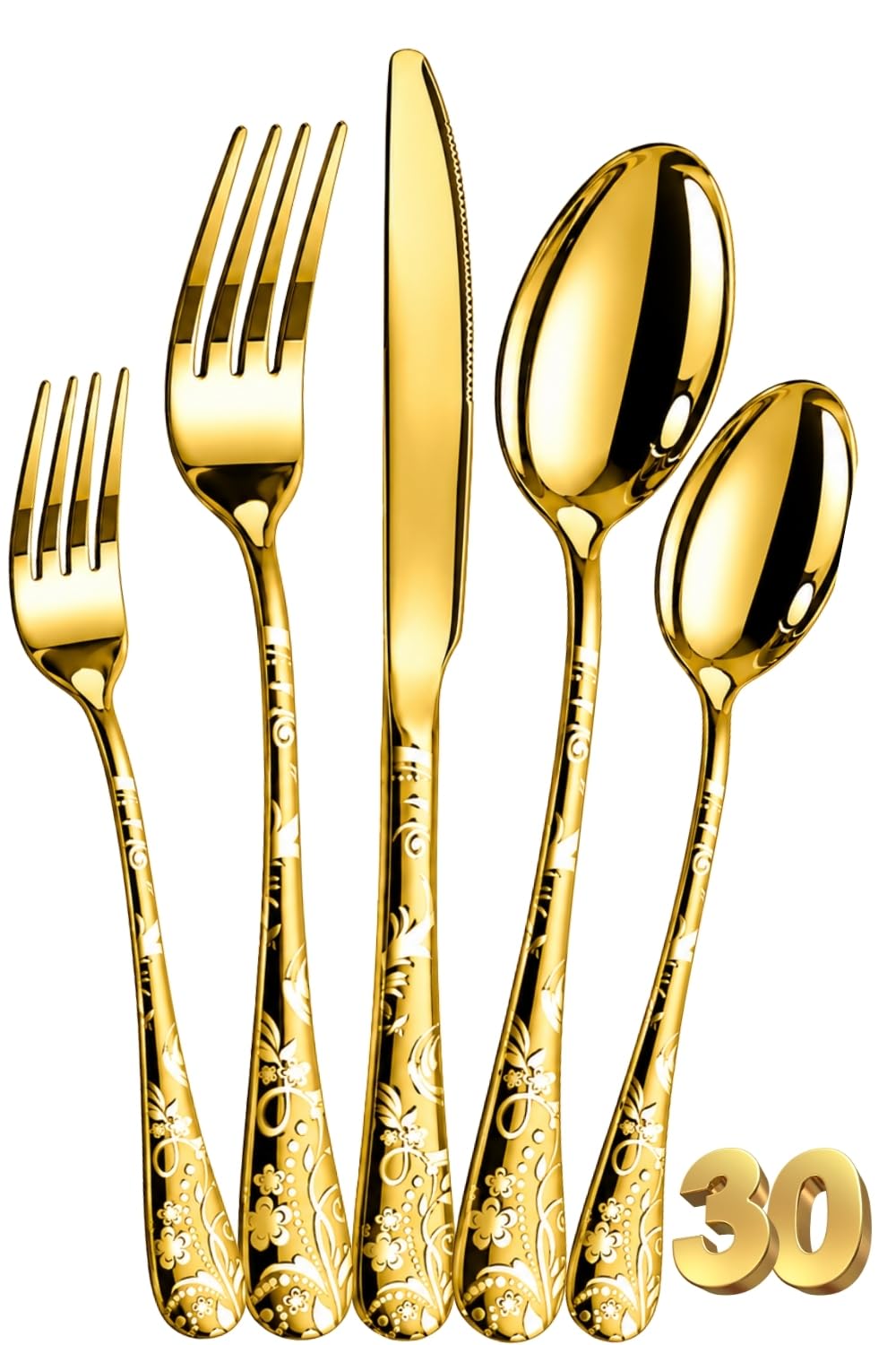 Manishaware Floral Gold 30 Pcs Stainless Steel Cutlery Set for Dining Table, Dishwasher Safe Glossy Flatware (6 spoon set+6 forks set+6 Butter knife+6 Dessert Spoon+ 6 FruitFork)