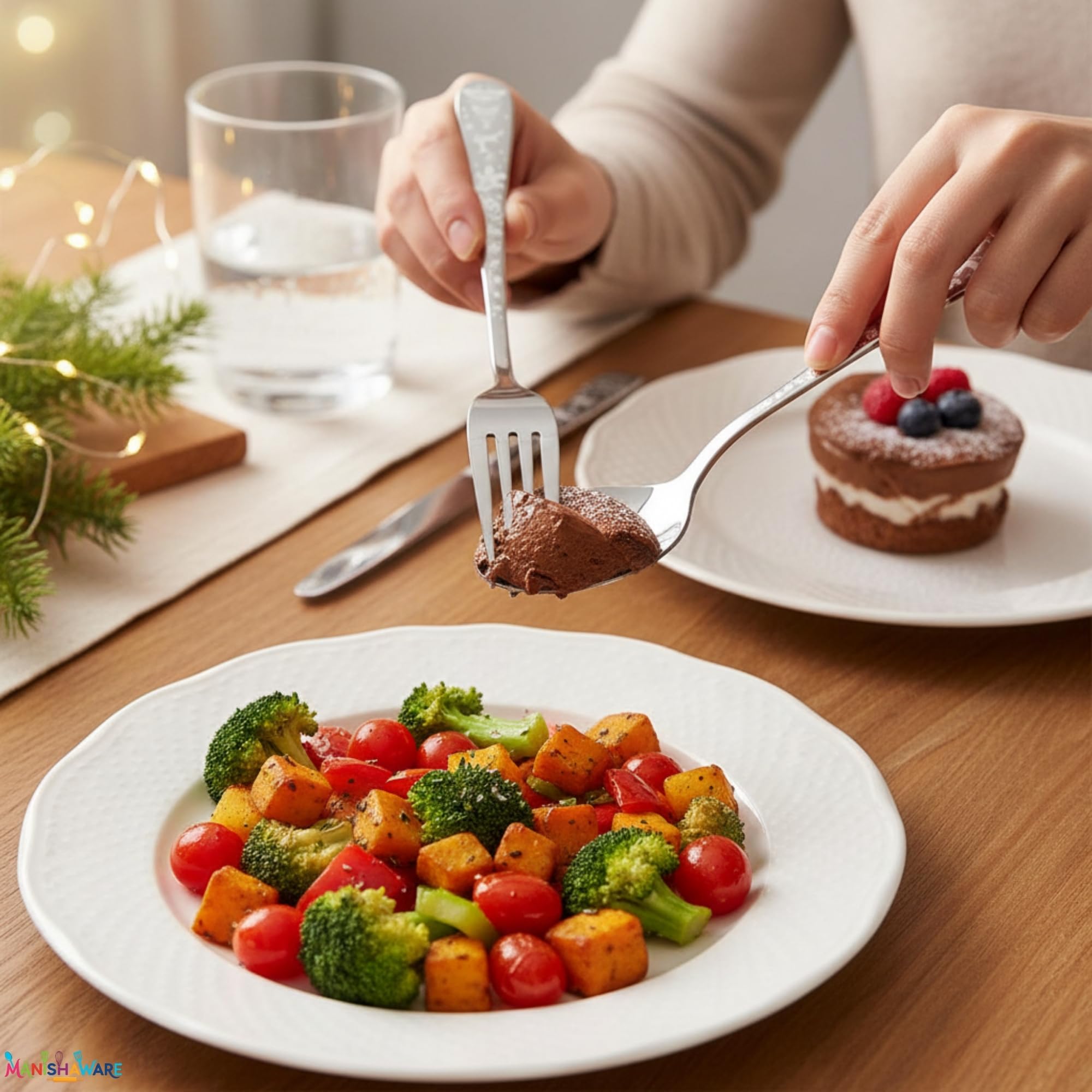 Manishaware Christmas Silver 15 Pcs Stainless Steel Cutlery Set for Dining Table, Dishwasher Safe Glossy Flatware (3 spoon set+3 forks set+3 Butter knife+3 Dessert Spoon+ 3 Fruit Fork)