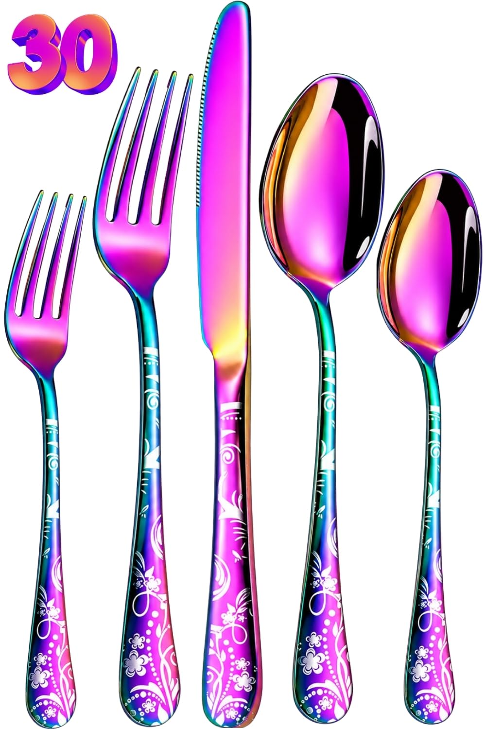 Manishaware Floral 30 Pcs Stainless Steel Cutlery Set for Dining Table, Dishwasher Safe Glossy Flatware (6 spoon set+6 forks set+6 Butter knife+6 Dessert Spoon+ 6 FruitFork)