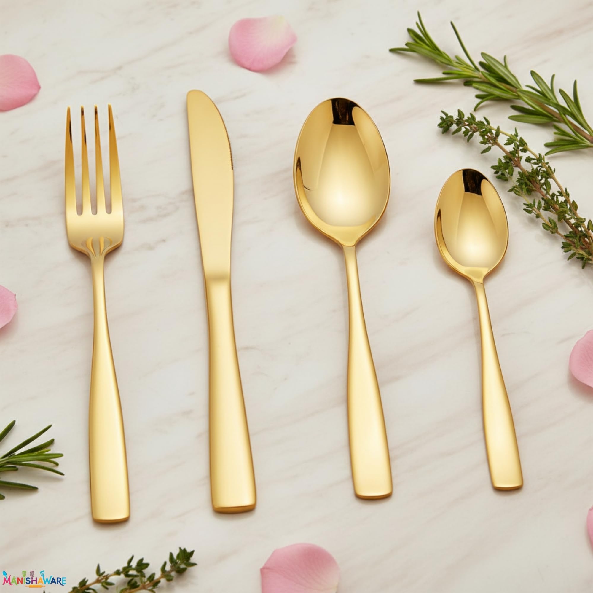 Manishaware Mirror Polished Gold 12 Pcs Stainless Steel Cutlery Set for Dining Table, Dishwasher Safe Glossy Flatware (3 spoon set + 3 forks set + 3 Butter knife + 3 Dessert Spoon)