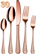 Manishaware Hammered Rose Gold 30 Pcs Stainless Steel Cutlery Set for Dining Table, Dishwasher Safe Glossy Flatware (6 spoon set+6 forks set+6 Butter knife+6 Dessert Spoon+ 6 Fruit Fork)