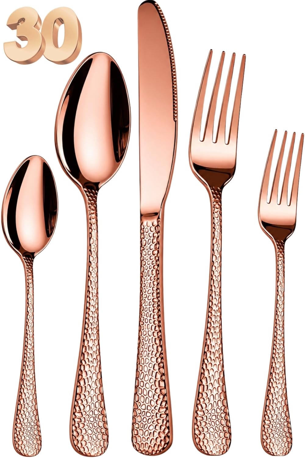 Manishaware Hammered 30 Pcs Stainless Steel Cutlery Set for Dining Table, Dishwasher Safe Glossy Flatware (6 spoon set+6 forks set+6 Butter knife+6 Dessert Spoon+ 6 Fruit Fork)