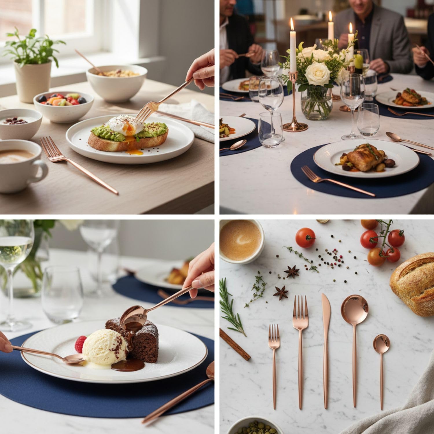 Manishaware Slim Handle Rose Gold 5 Pcs Stainless Steel Cutlery Set for Dining Table, Dishwasher Safe Glossy Flatware (1 spoon set+1 forks set+1 Butter knife+1 Dessert Spoon+ 1 Fruit Fork)