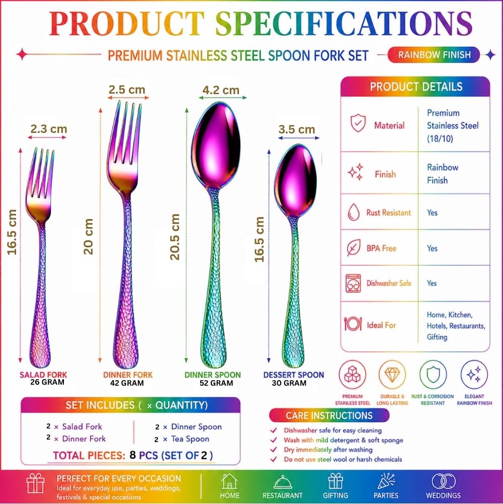 Manishaware Classic Rainbow 8 Pcs Stainless Steel Cutlery Set for Dining Table, Dishwasher Safe Glossy Flatware (Perfect Spoon Fork Set)
