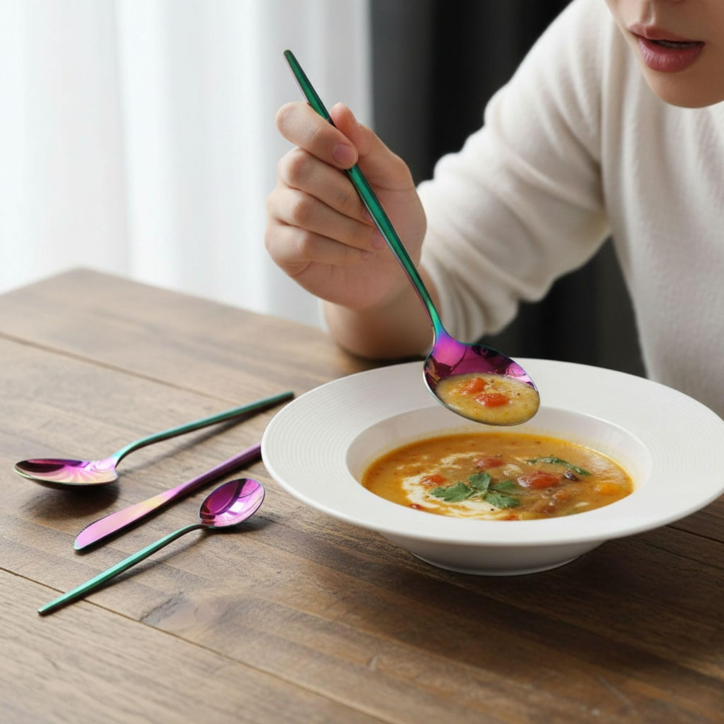 Manishaware Slim Handle Rainbow 10 Pcs Stainless Steel Cutlery Set for Dining Table, Dishwasher Safe Glossy Flatware (2 spoon set+2 forks set+2 Butter knife+2 Dessert Spoon+ 2 Fruit Fork)