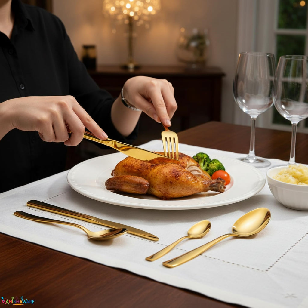 Manishaware Mirror Polished Gold 16 Pcs Stainless Steel Cutlery Set for Dining Table, Dishwasher Safe Glossy Flatware (4 spoon set + 4 forks set + 4 Butter knife + 4 Dessert Spoon)