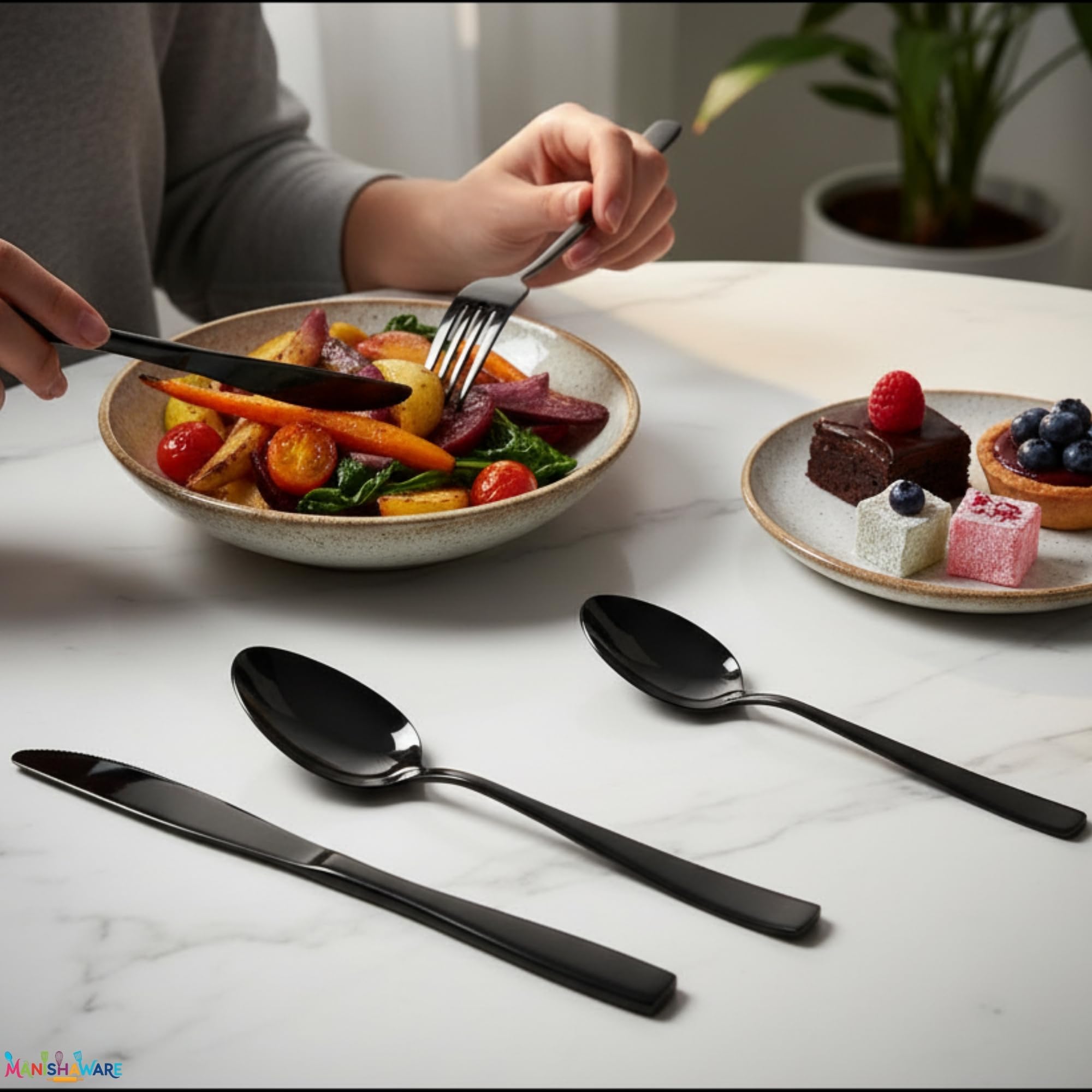 Manishaware Mirror Polished Black 24 Pcs Stainless Steel Cutlery Set for Dining Table, Dishwasher Safe Glossy Flatware (6 spoon set + 6 forks set + 6 Butter knife + 6 Dessert Spoon)