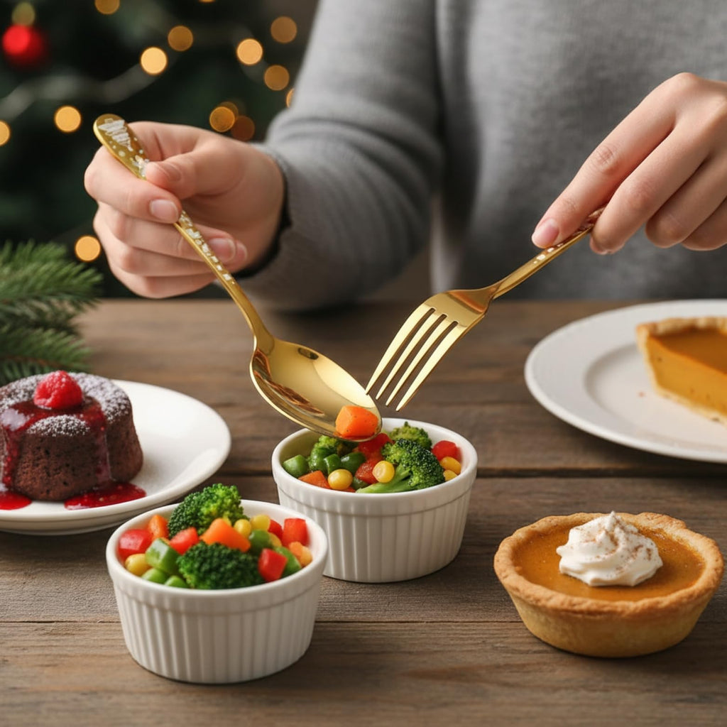 Manishaware Christmas 30 Pcs Stainless Steel Cutlery Set for Dining Table, Dishwasher Safe Glossy Flatware (6 spoon set+6 forks set+6 Butter knife+6 Dessert Spoon+ 6 Fruit Fork)