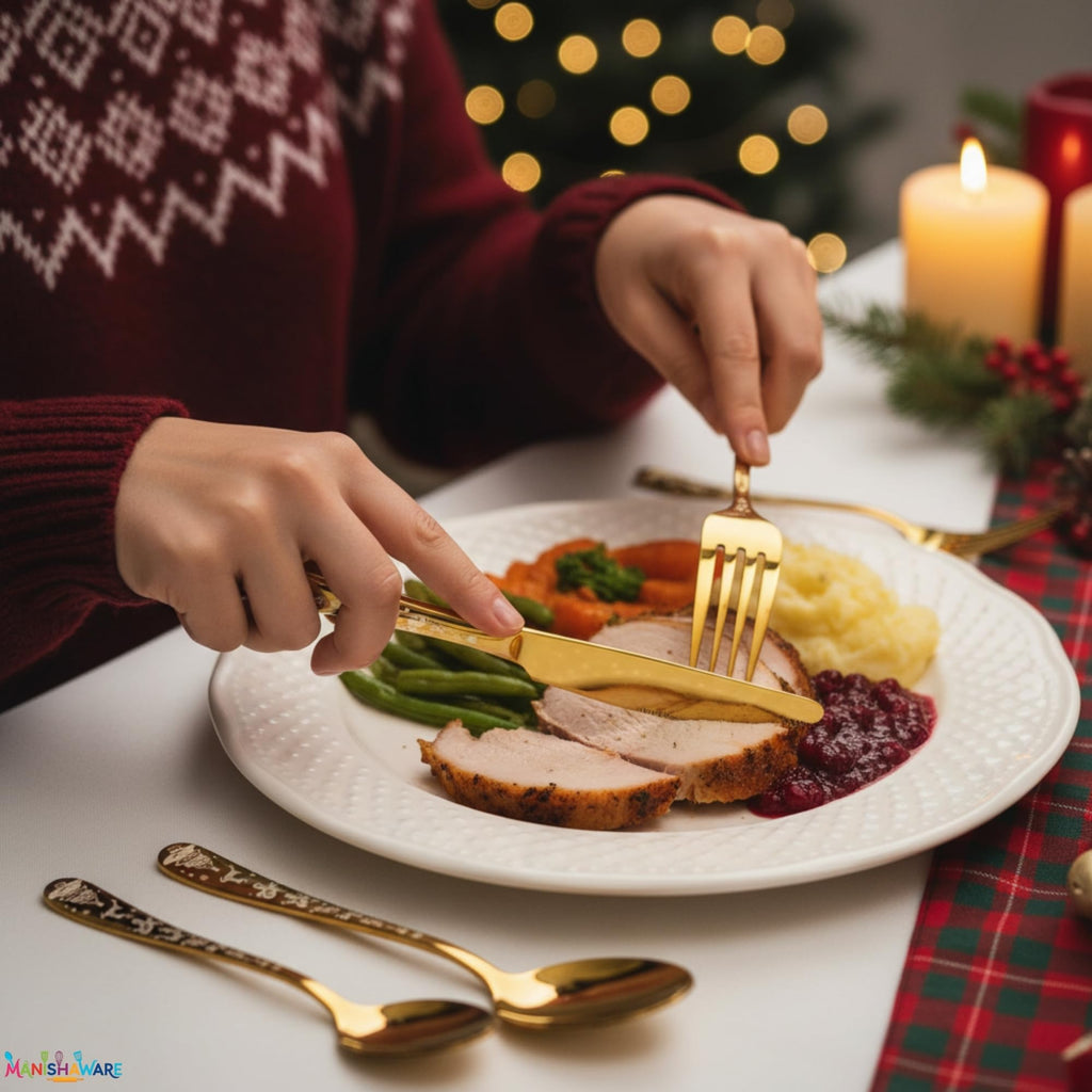 Manishaware Christmas Gold 10 Pcs Stainless Steel Cutlery Set for Dining Table, Dishwasher Safe Glossy Flatware (2 spoon set+2 forks set+2 Butter knife+2 Dessert Spoon+ 2 Fruit Fork)