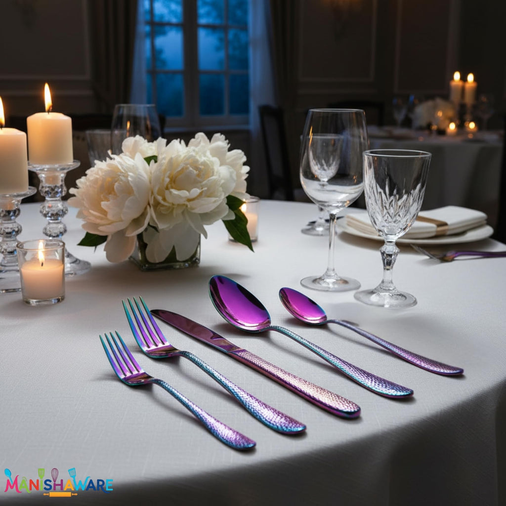 Manishaware Hammered Rainbow 10 Pcs Stainless Steel Cutlery Set for Dining Table, Dishwasher Safe Glossy Flatware (2 spoon set+2 forks set+2 Butter knife+2 Dessert Spoon+ 2 Fruit Fork)