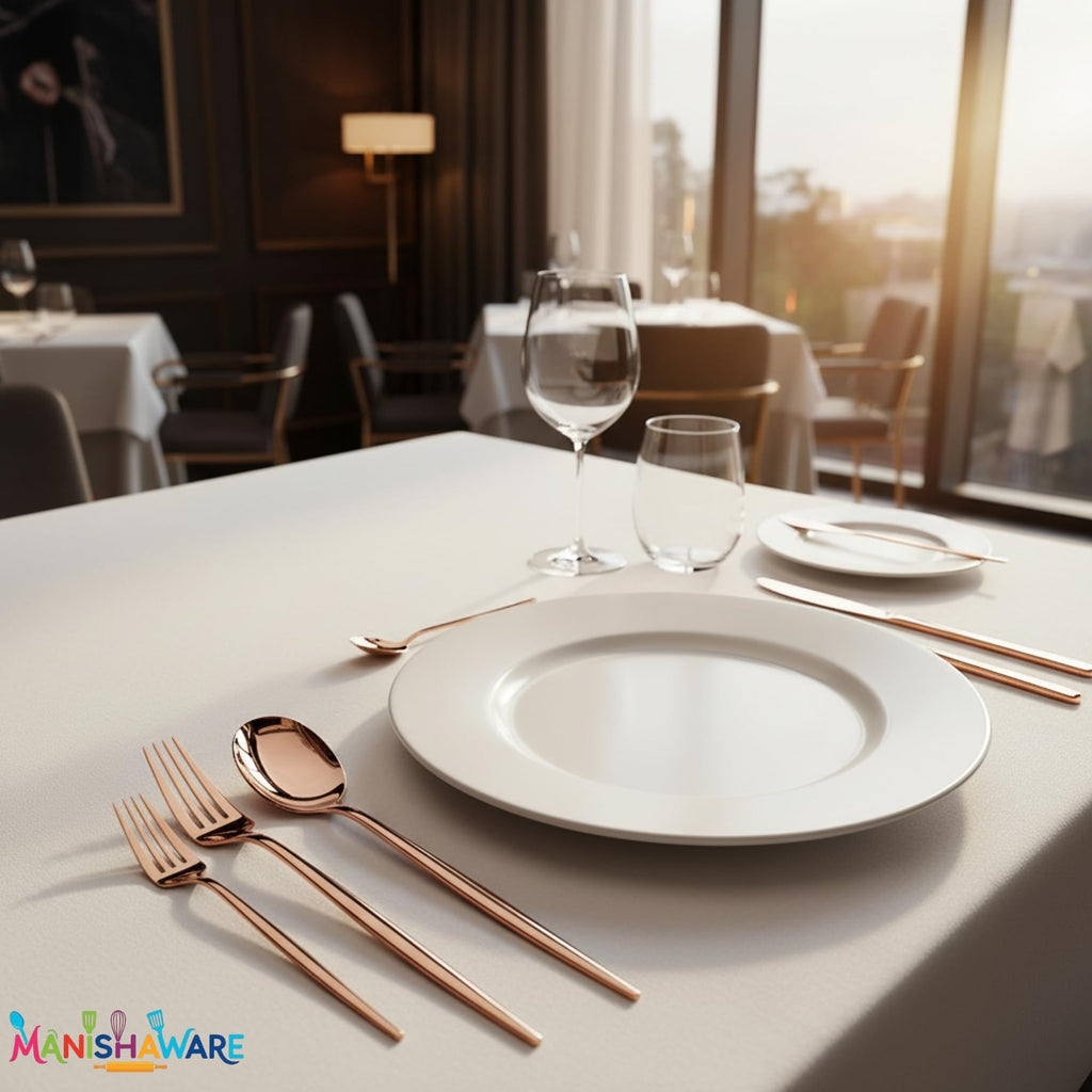 Manishaware Slim Handle Rose Gold 8 Pcs Stainless Steel Cutlery Set for Dining Table, Dishwasher Safe Glossy Flatware (2 spoon set+2 forks set+2 Butter knife+2 Dessert Spoon)