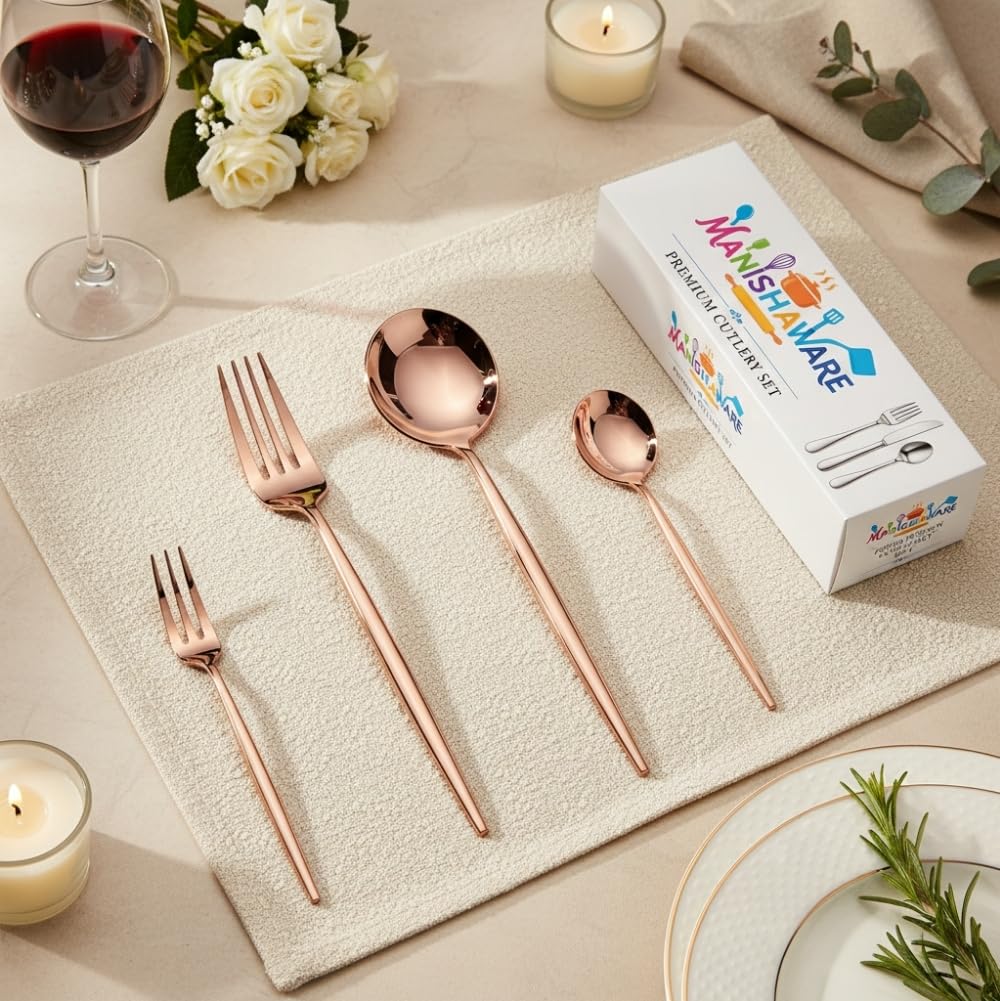 Rose Gold Slim Indian cutlery set, rust resistant stainless steel, a perfect wedding, housewarming, corporate and festival gift