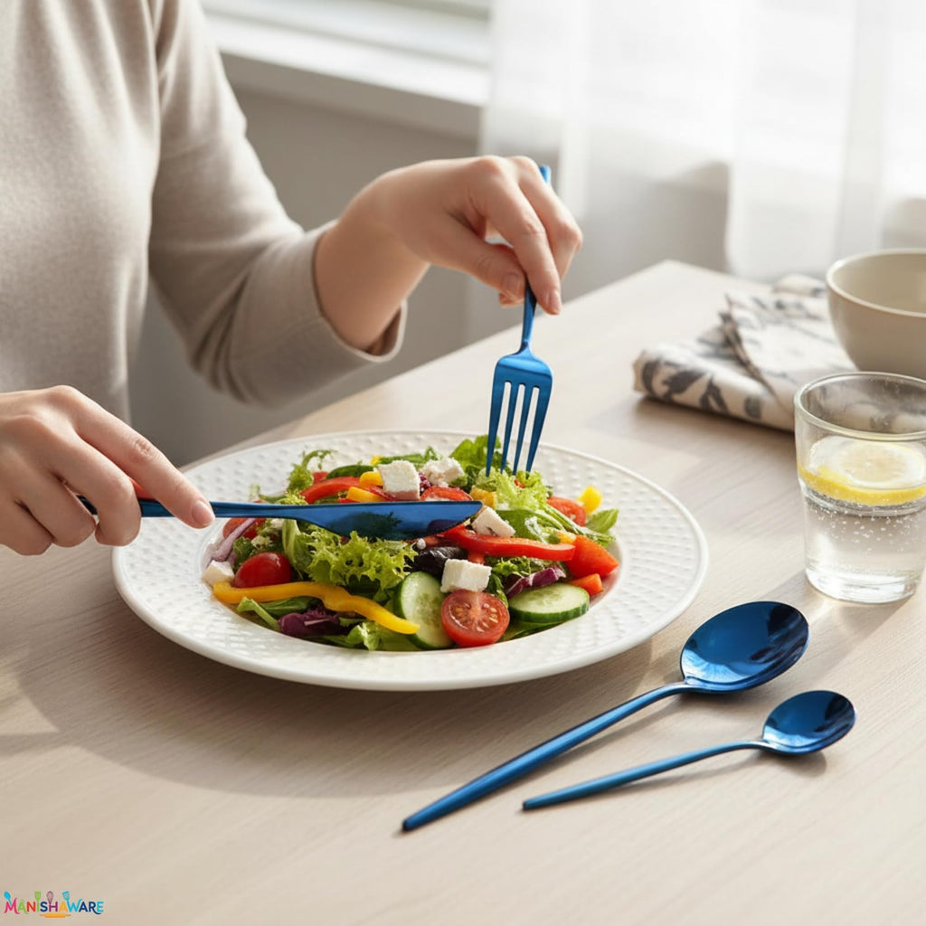 Manishaware Slim Handle Blue 12 Pcs Stainless Steel Cutlery Set for Dining Table, Dishwasher Safe Glossy Flatware (3 spoon set+3 forks set+3 Butter knife+3 Dessert Spoon)