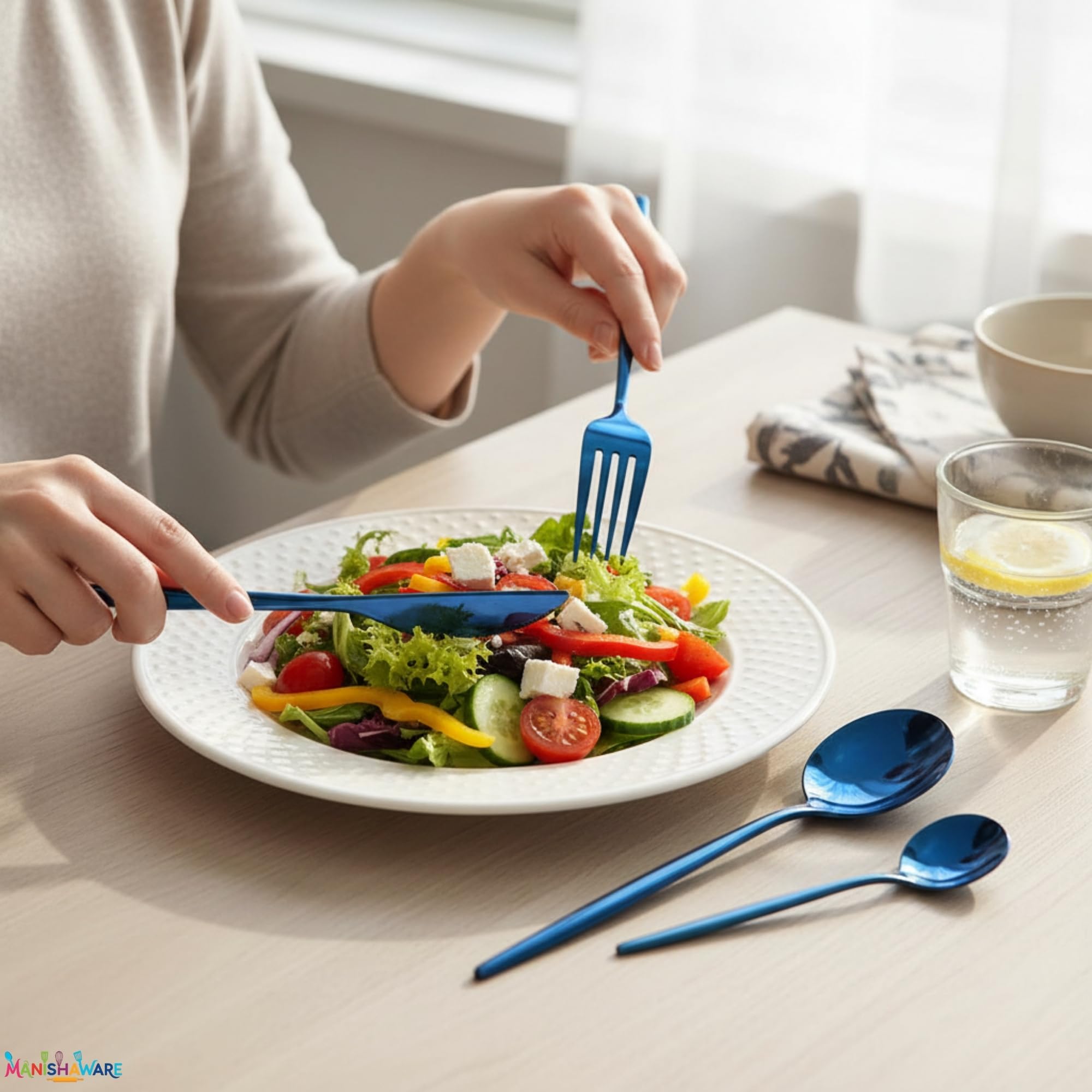 Manishaware Slim Handle Blue 24 Pcs Stainless Steel Cutlery Set for Dining Table, Dishwasher Safe Glossy Flatware (6 spoon set+6 forks set+6 Butter knife+6 Dessert Spoon)