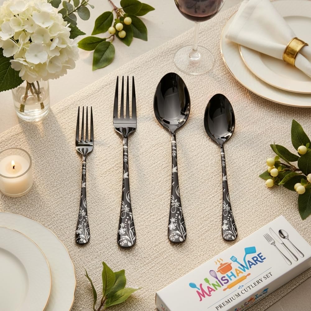 Black Floral Indian cutlery set, rust resistant stainless steel, a perfect wedding, housewarming, corporate and festival gift