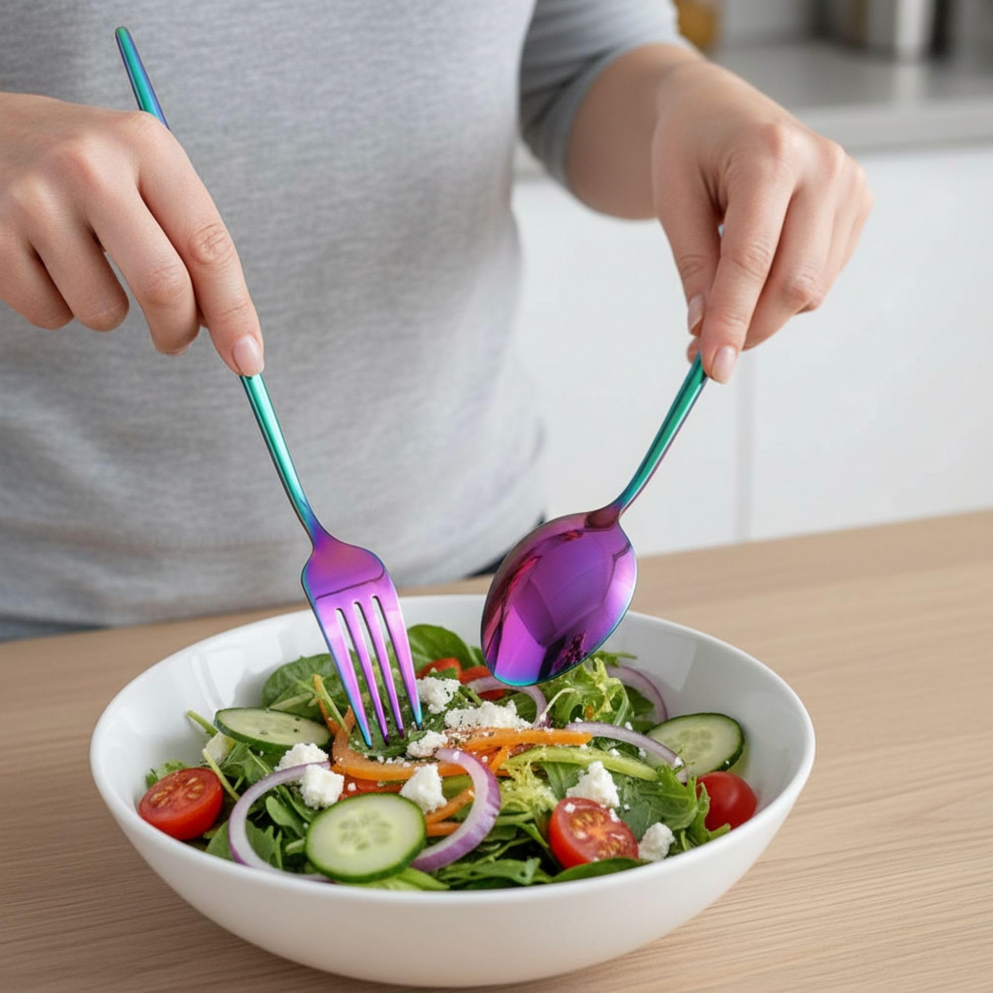 Manishaware Slim Handle Rainbow 10 Pcs Stainless Steel Cutlery Set for Dining Table, Dishwasher Safe Glossy Flatware (2 spoon set+2 forks set+2 Butter knife+2 Dessert Spoon+ 2 Fruit Fork)