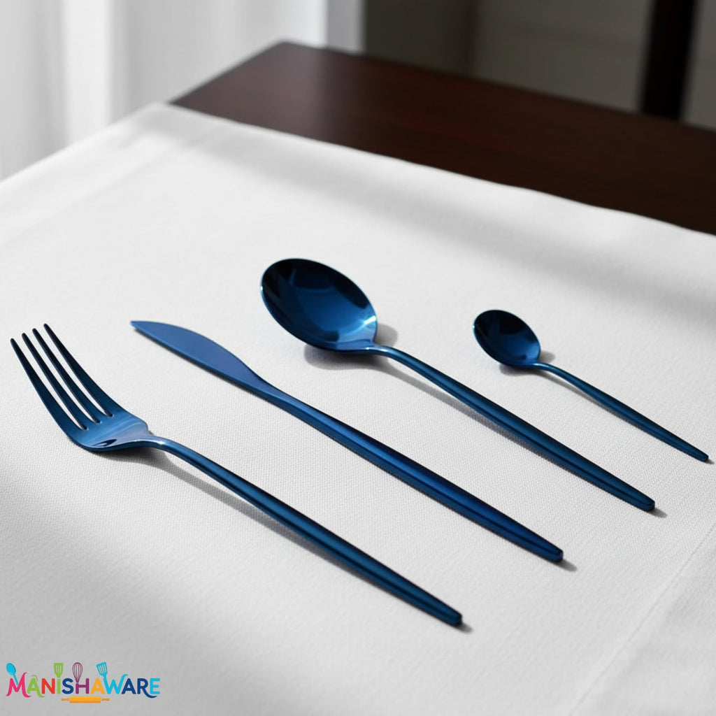 Manishaware Slim Handle Blue 24 Pcs Stainless Steel Cutlery Set for Dining Table, Dishwasher Safe Glossy Flatware (6 spoon set+6 forks set+6 Butter knife+6 Dessert Spoon)