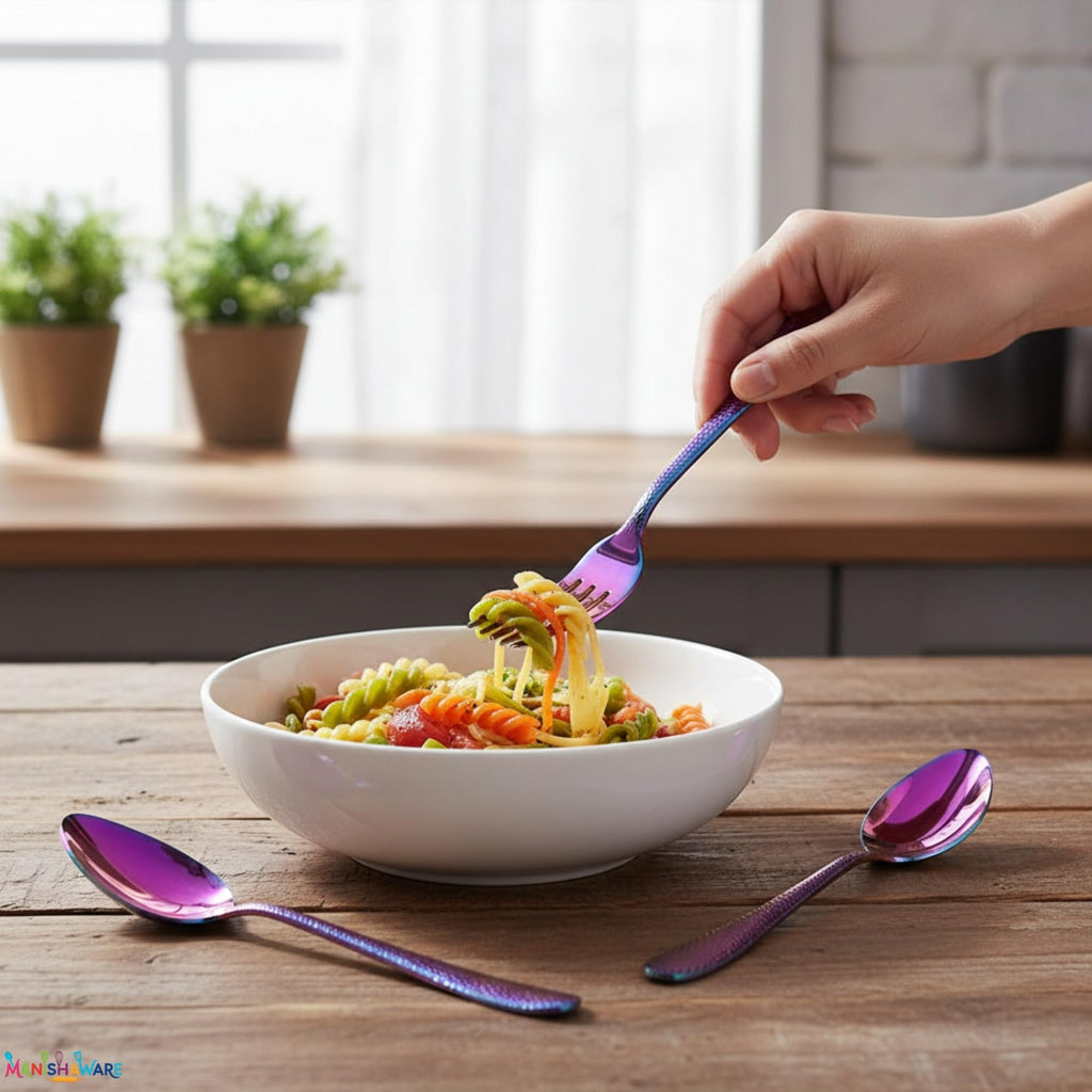 Manishaware Hammered Rainbow 10 Pcs Stainless Steel Cutlery Set for Dining Table, Dishwasher Safe Glossy Flatware (2 spoon set+2 forks set+2 Butter knife+2 Dessert Spoon+ 2 Fruit Fork)