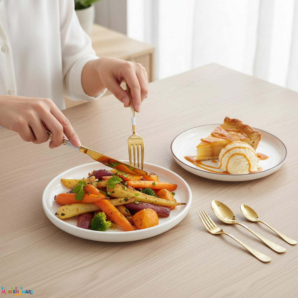 Manishaware Checkered Gold 20 Pcs Stainless Steel Cutlery Set for Dining Table, Dishwasher Safe Glossy Flatware (4 spoon set+4 forks set+4 Butter knife+4 Dessert Spoon+ 4 Fruit Fork)