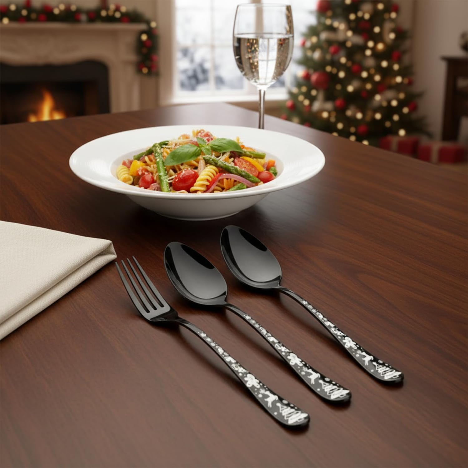 Manishaware Christmas 12 Pcs Stainless Steel Cutlery Set for Dining Table, Dishwasher Safe Glossy Flatware (6 Forks & 6 Spoons)